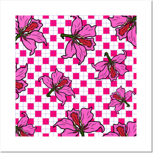 Hong Kong Bauhinia with Hot Pink Tile Floor Pattern - Summer Flower Pattern Posters and Art